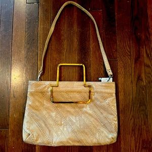 Vintage Beige Snakeskin Purse Gold Handle Clutch or Crossbody Bag